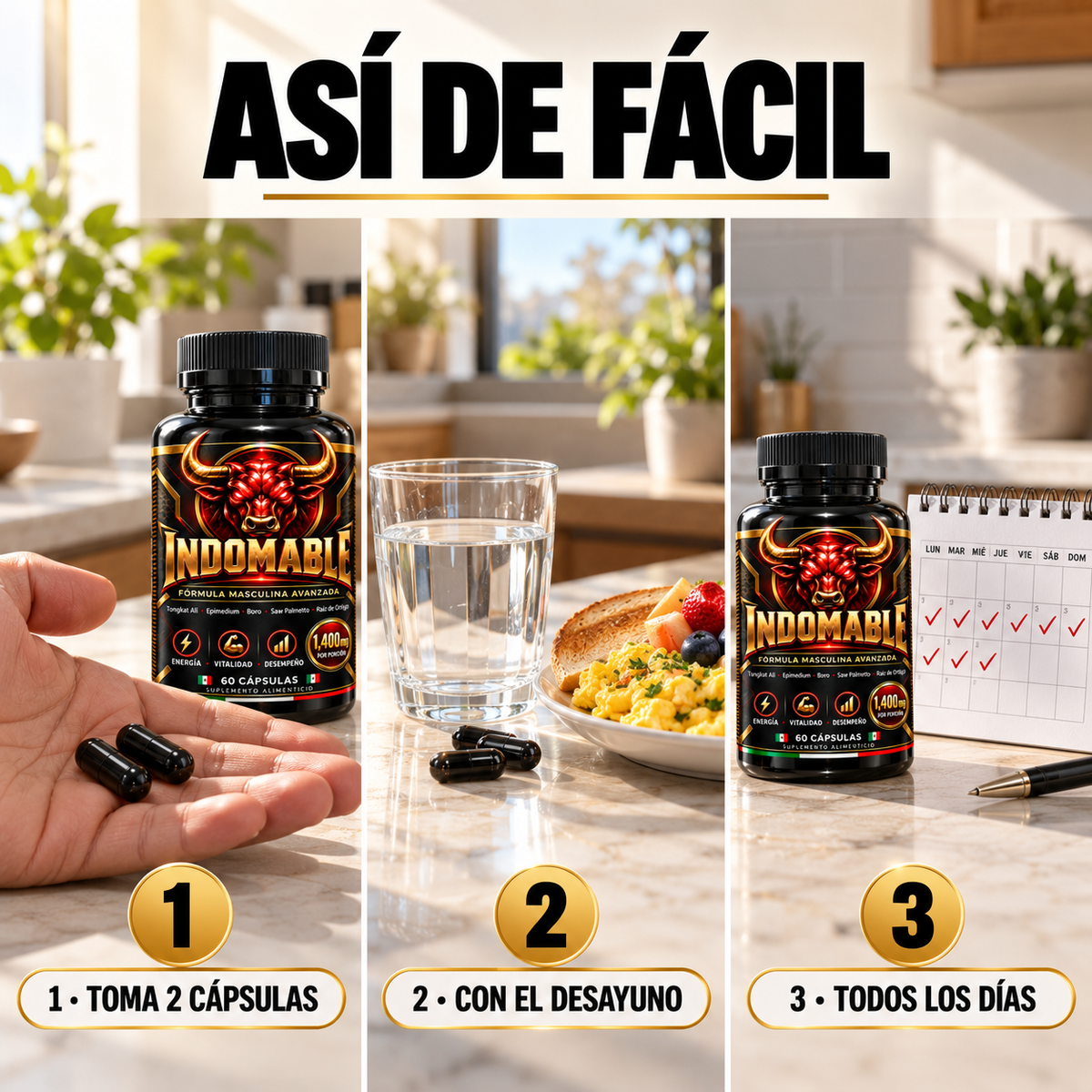 INDOMABLE Día · Energía y Vitalidad Masculina · 8 activos