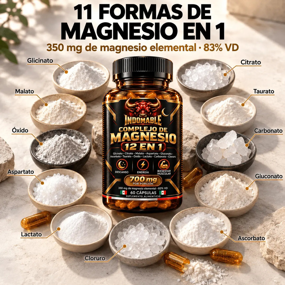 INDOMABLE Noche · Magnesio 12 en 1 para Descanso y Recuperación · 60 cápsulas