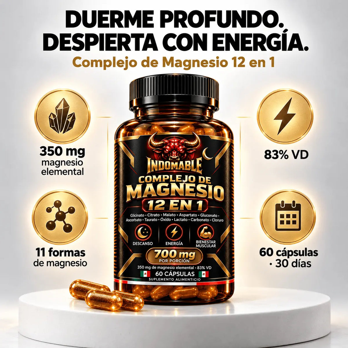 INDOMABLE Noche · Magnesio 12 en 1 para Descanso y Recuperación · 60 cápsulas