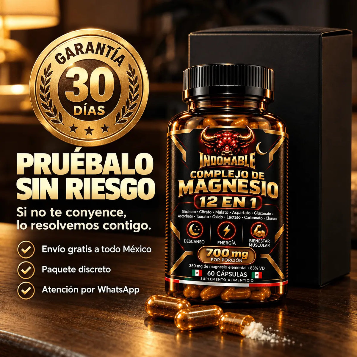 INDOMABLE Noche · Magnesio 12 en 1 para Descanso y Recuperación · 60 cápsulas