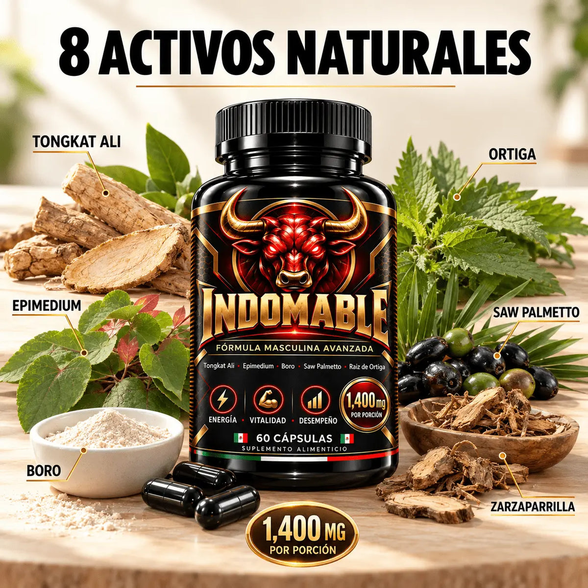 INDOMABLE Día · Energía y Vitalidad Masculina · 8 activos