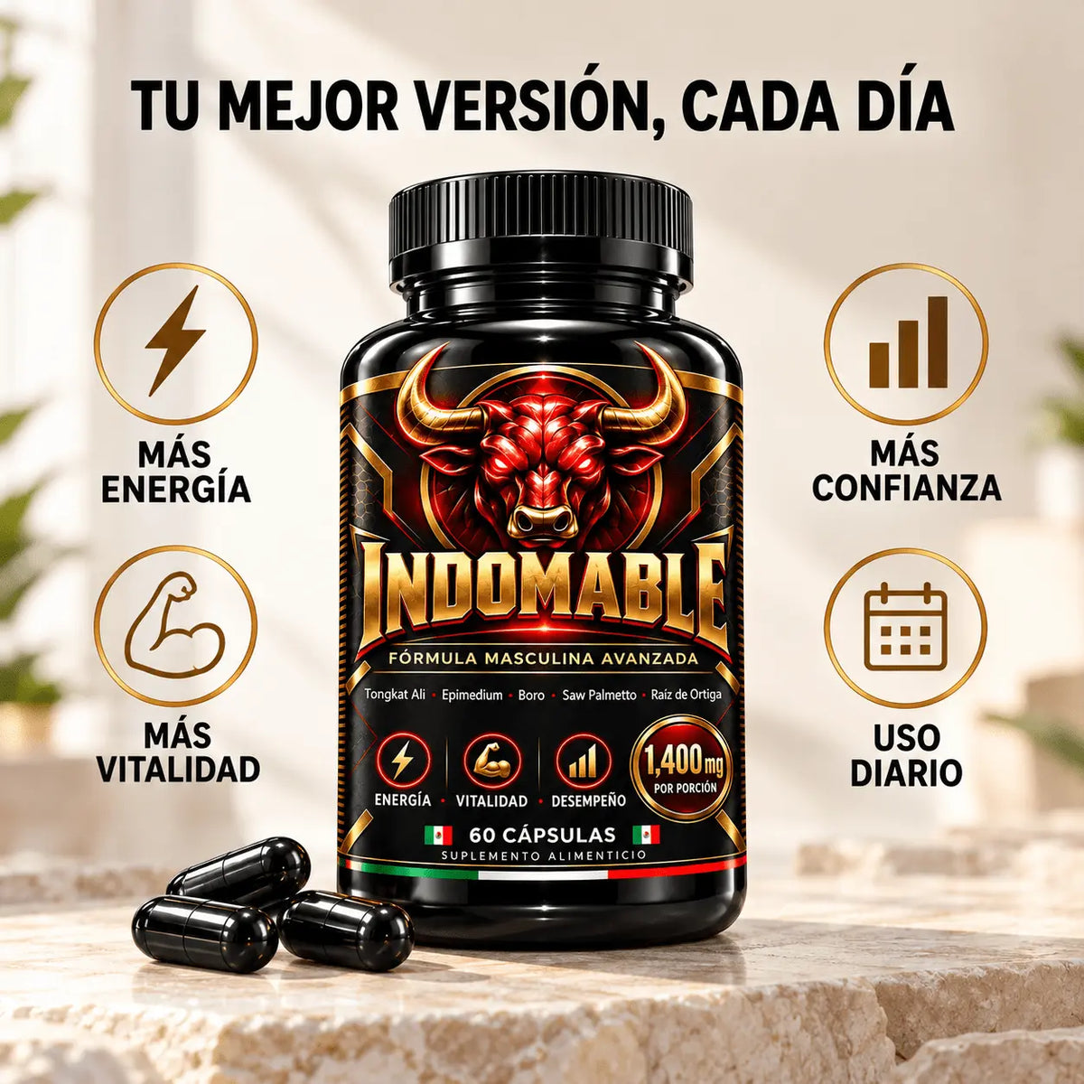 INDOMABLE Día · Energía y Vitalidad Masculina · 8 activos